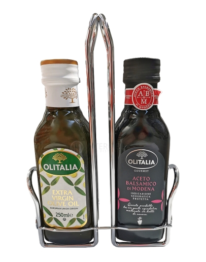 Olio di oliva Extra vergine 250ml + Aceto balsamico 250ml in a stand